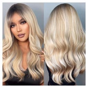 EMMOR Blonde Mixed White Perücke mit Pony - Lang Gewellt Gestuft Synthetik