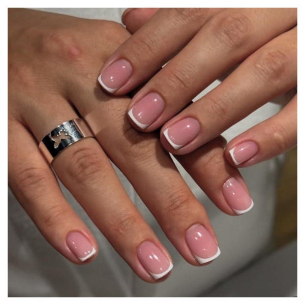 Press On Nails Kurz Square French Rosa Weiß Nagelkleber FB17 1 St