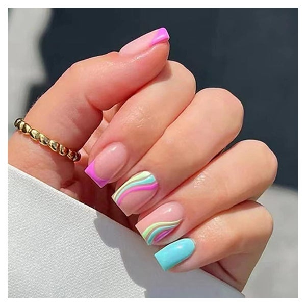 Künstliche Press on Nails Swirl Viereckig Kurz Rainbow Frenc 1 St