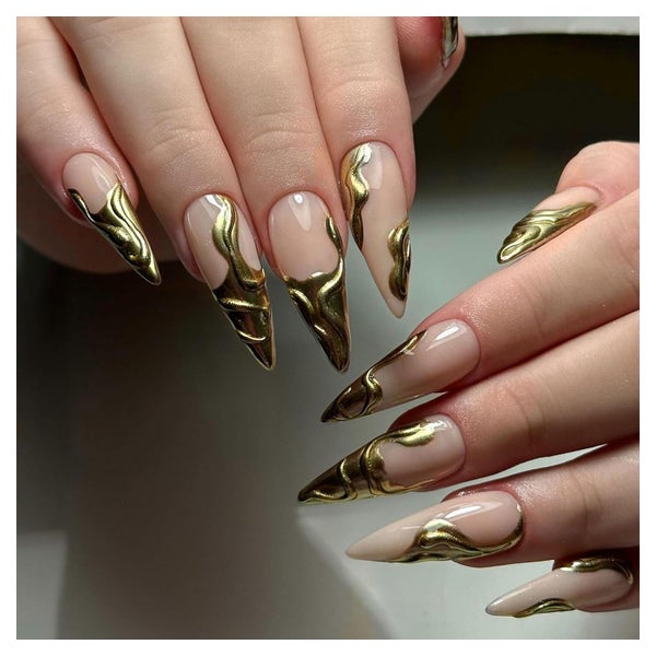 Künstliche Nägel Stiletto 24 Stück French Tip Gold Nude Chro 1 St