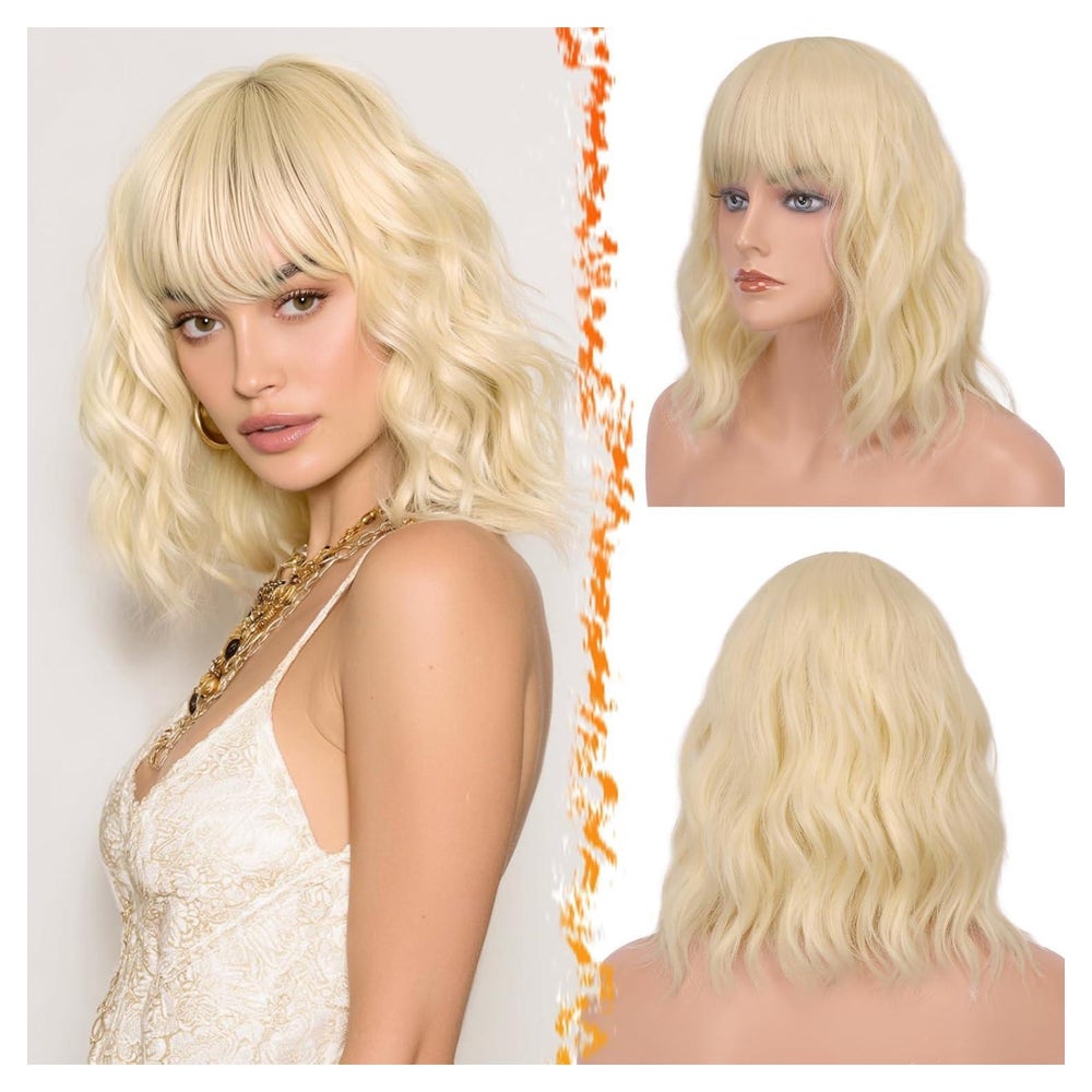 Kurze Gewellte Bob Perücke mit Pony 35cm Blond Synthetisch S 1 St