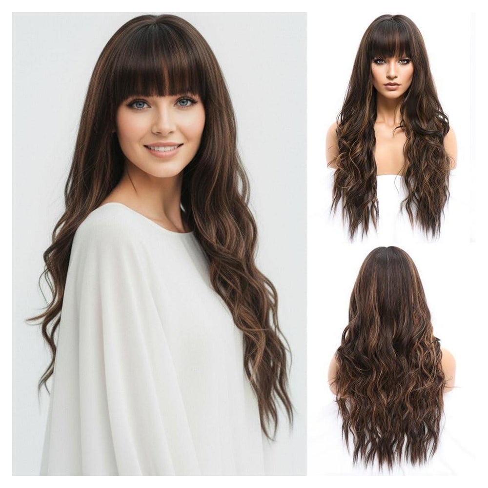 Perücke gewellt braun lang 66 cm Damen Pony Locken Braun mit 1 St