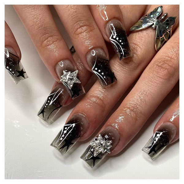 Press On Nails Mittellang Ballerina Schwarz 3D Glitzer AKB30 1 St