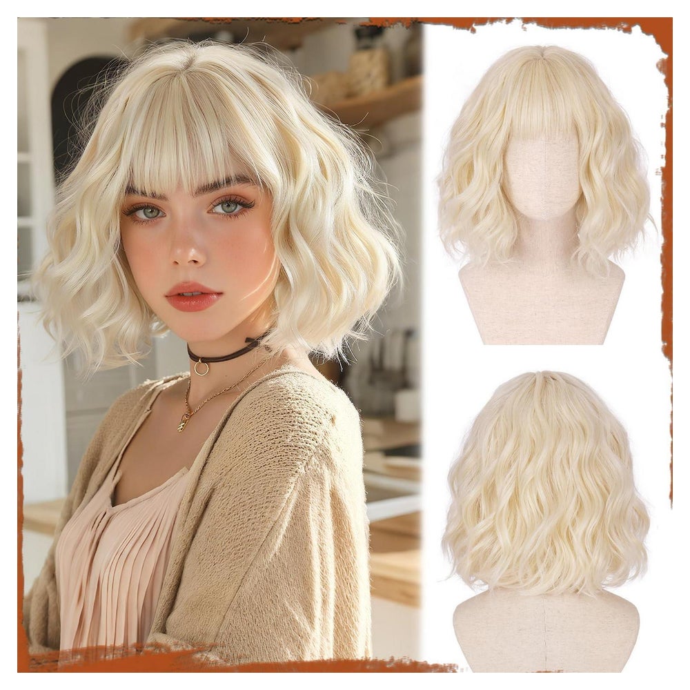 Perücke Bob kurz gewellt Pony Damen synthetisch 30cm Cremige 1 St