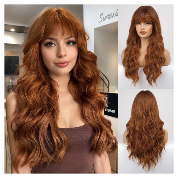 HAIRCUBE Lange Locken/Welle Perücke mit Pony für Damen - Hitzebeständige