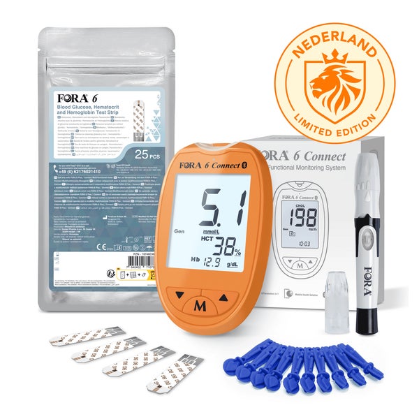 FORA 6 Connect Blutzucker-, Hämatokrit- und Hämoglobin-Messgerät – Sonderausgabe (Orange) – mg/dl + 25 Teststreifen 1 St