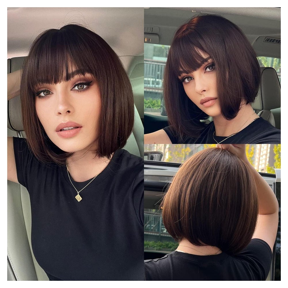 Perücke Bob kurz gerade Pony Damen Synthetik brauner schwarz 1 St