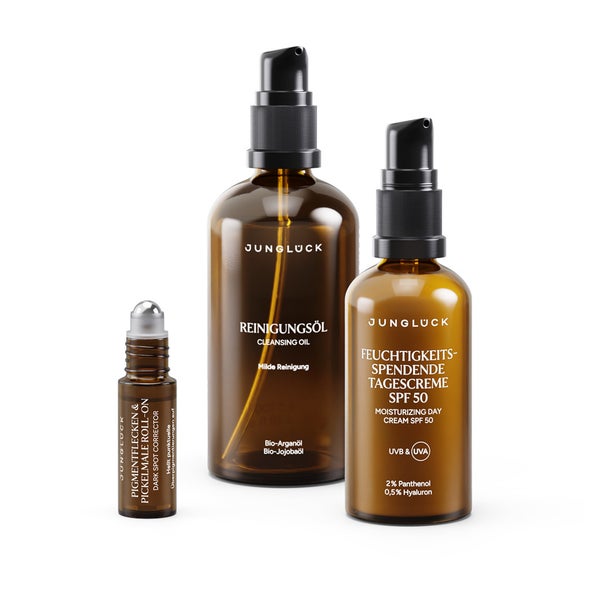 JUNGLÜCK Set Pigmentflecken & Pickelmale aufhellen mit SPF 50