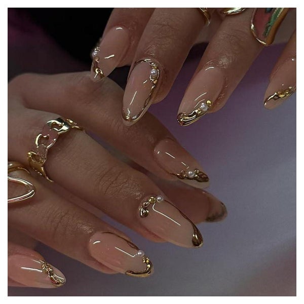 Künstliche Fingernägel Kurz Almond 3D Gold Nagelkleber AKP9 1 St