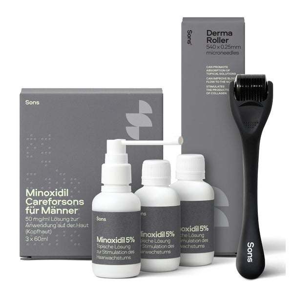 SONS Minoxidil 50mg/ml Lösung & Derma Roller für Männer bei erblich bedingtem Haarausfall - 3 Monate 3X60 ml