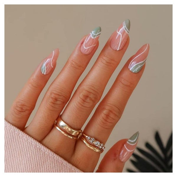 Falsche Nägel Acryl Mandelform Französisch Swirl 24St Grün 1 St