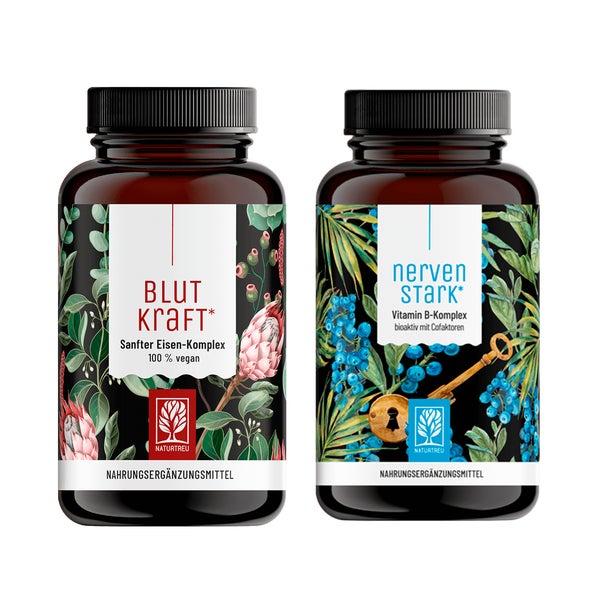Blutkraft-Nervenstark-Paket: Eisen & B Vitamine in einem veganen Bundle - BLUTKRAFT & NERVENSTARK - NATURTREU® 107.8 g