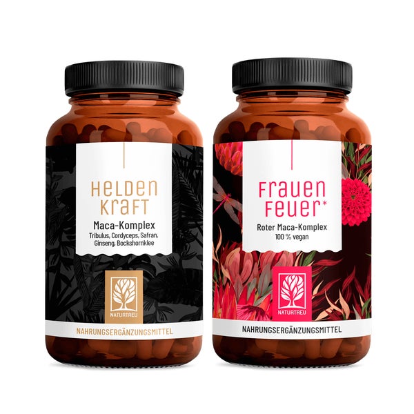 Leidenschaft-Paket: Roter Maca für die Frau & Maca für den Mann in einem veganen Bundle - FRAUENFEUER & HELDENKRAFT - NATURTREU® 101.6 g