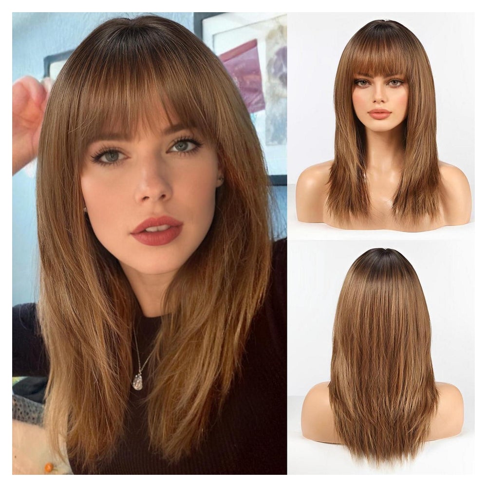 Perücke Damen Gerade Schulterlang Synthetisch Bangs Ombre Br 1 St