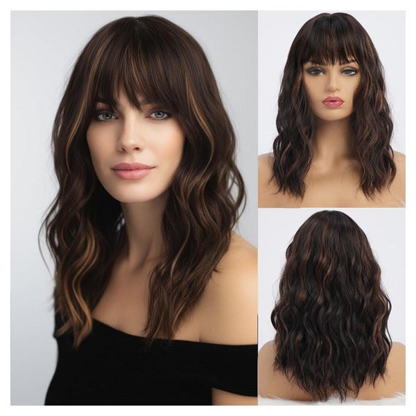 simkaylee Synthetische Perücke, 40 cm, Wellig, Dunkelbraun mit Highlights