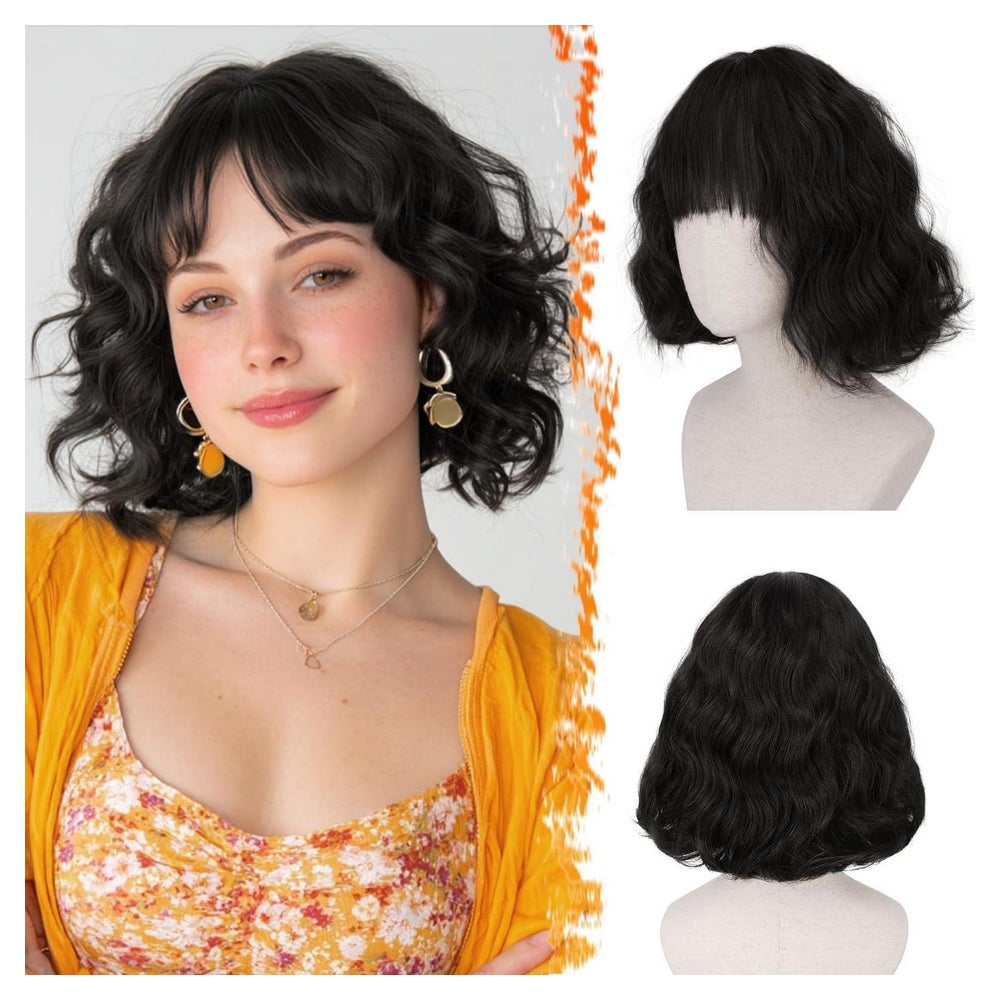 Perücke kurze lockig Pony Bob synthetisch Damen Dunkel Braun 1 St