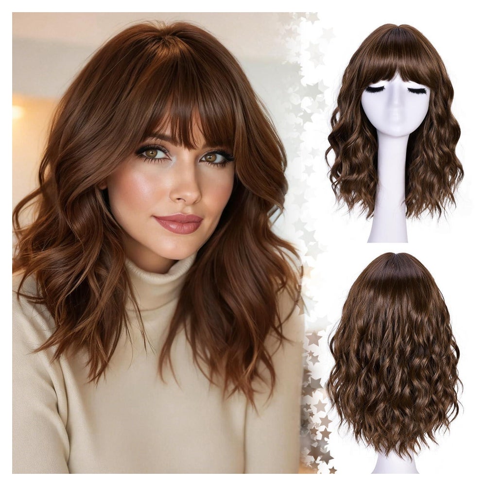 Perücke Damen kurz gewellt Pony Bob 18Zoll Kunstfaser Dunkel 1 St