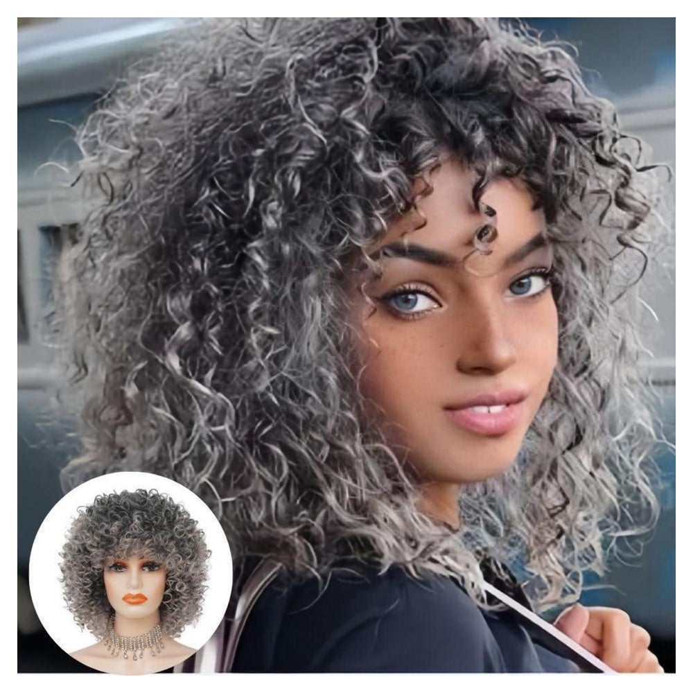 Perücke kurz lockig Afro synthetisch 70er 80er Grau 1 St