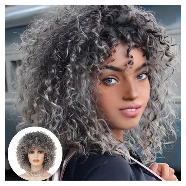 Perücke kurz lockig Afro synthetisch 70er 80er Grau 1 St