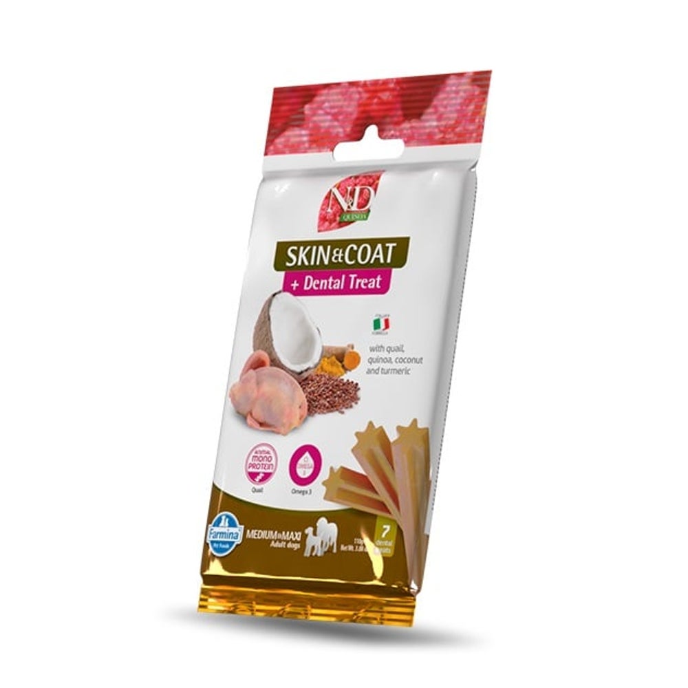 FARMINA N&D Quinoa Dental Treat Skin Coat Quail Medium/Maxi (7 szt) Zahnpflege-Leckerli für mittelgroße und große Hunde 0,1 kg