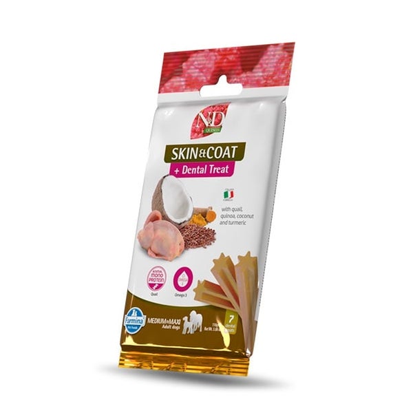 FARMINA N&D Quinoa Dental Treat Skin Coat Quail Medium/Maxi (7 szt) Zahnpflege-Leckerli für mittelgroße und große Hunde 0,1 kg