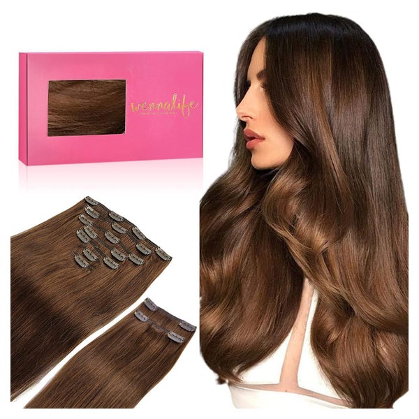 WENNALIFE Clip In Extensions Echthaar 150g 40cm 9tlg Schokoladenbraun