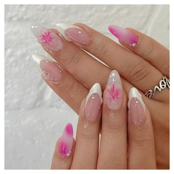 Künstliche Fingernägel French 3D Blumen Strass Nagelkleber Y 1 St