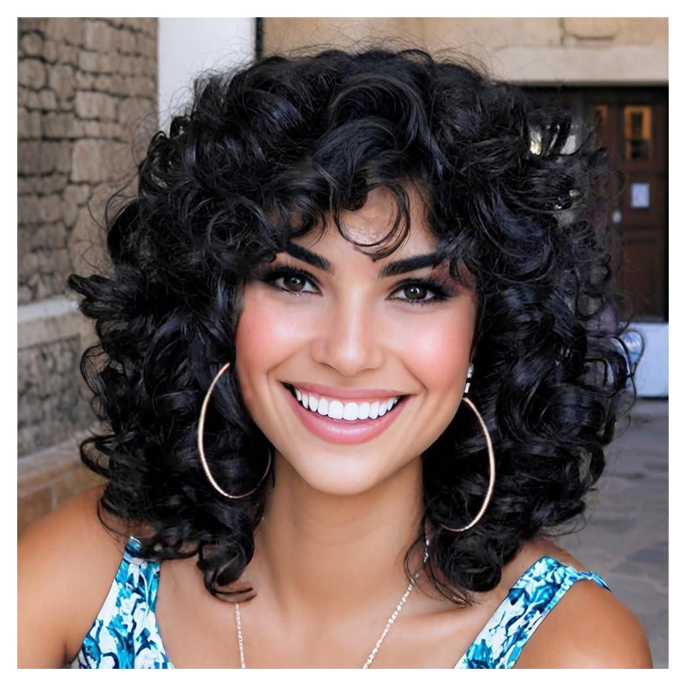 Perücke Afro kurz Kinky Curly mit Pony synthetisch schwarz 1 St