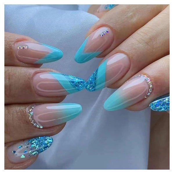 Ceboic 24 Stück Mandel Nägel Blau Glitzer French Stiletto St 1 St