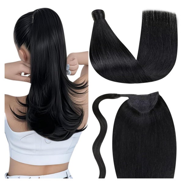 LaaVoo Echthaar Zopf Extension Schwarz 30cm 70g #1 Glatt Remy Menschliches Haar