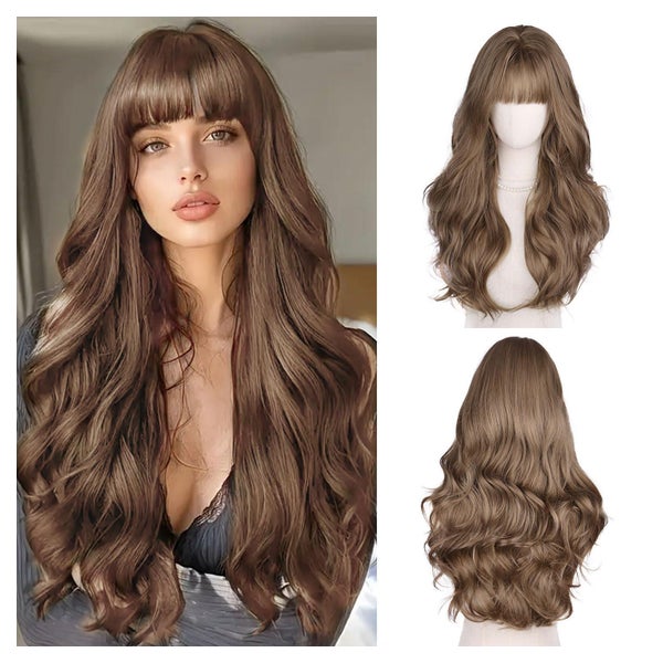 Perücke Damen Lang Braun Wellig Lockig Synthetisch Pony Hell 1 St