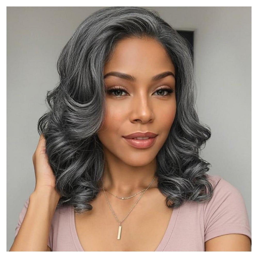 Spitzenperücke Seitenscheitel Body Wave Synthetik Grau 16 Zo 1 St