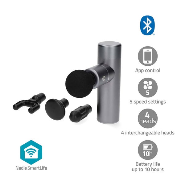 Nedis SmartLife Sport-Massagepistole / Akkubetrieben / Wiederaufladbar / 5 Massagemodi / Beutel mit Kordelzug / Flachkopf / Konischer Kopf / Kugelkopf / U-förmiger Kopf / Dunkelgrau 1 St
