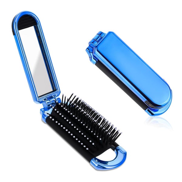 Mini faltbare Haarbürste mit Spiegel Nylonborsten Blau 1 St