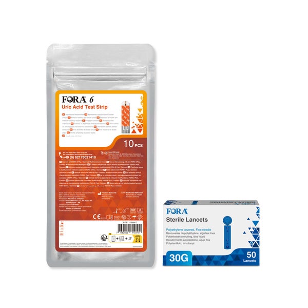 FORA 6 Harnsäure Teststreifen + FORA Lanzetten 30G - The Tester 1 St