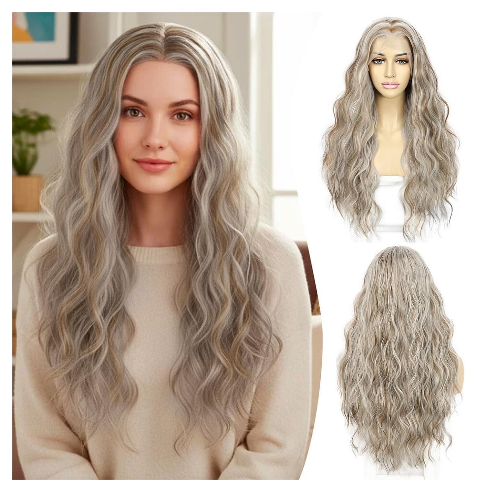 Perücke Lace Front Wellig Lang 24inch Braunlich Grau Highlig 1 St