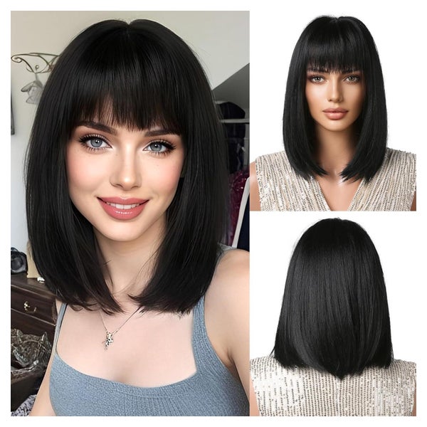 Schwarz Bob Perücke mit Pony Synthetisches Haar für Frauen C 1 St