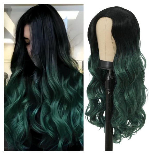 Perücke Frauen Ombre Synthetik Locken Mittelteil Schwarz Grü 1 St