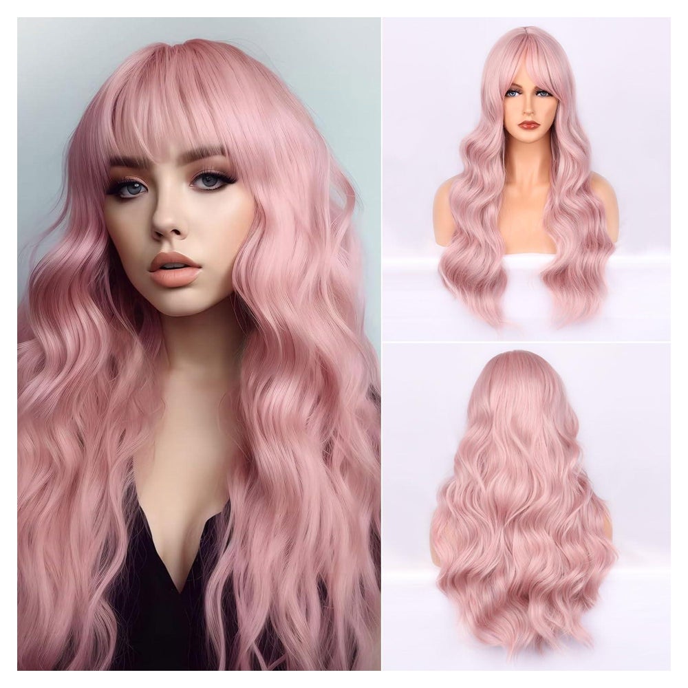 Perücke Damen Lang Wellig Lockig Synthetisch Bangs Pink 1 St