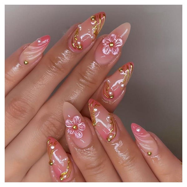 Künstliche Fingernägel Kurz Almond Nude Rosa 3D Blumen Gold 1 St