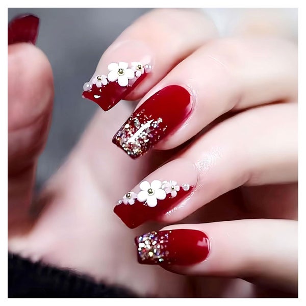 Press On Nägel Ballerina Mittellang Rot Glitzer Floral FC6 1 St