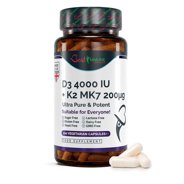 Best Immune Vitamin K2 MK7 200 mcg D3 (Cholecalciferol) 4000 IE 100 St