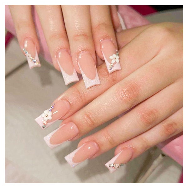 Künstliche Nägel 3D Square French Pink Strass 24 Stück Blume 1 St