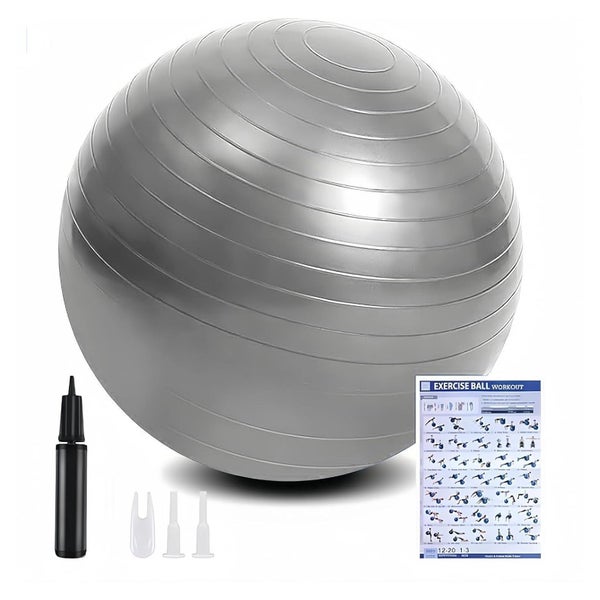 flintronic Gymnastikball 65cm Grau - Anti-Burst, mit Fußpumpe für Yoga, Pilates