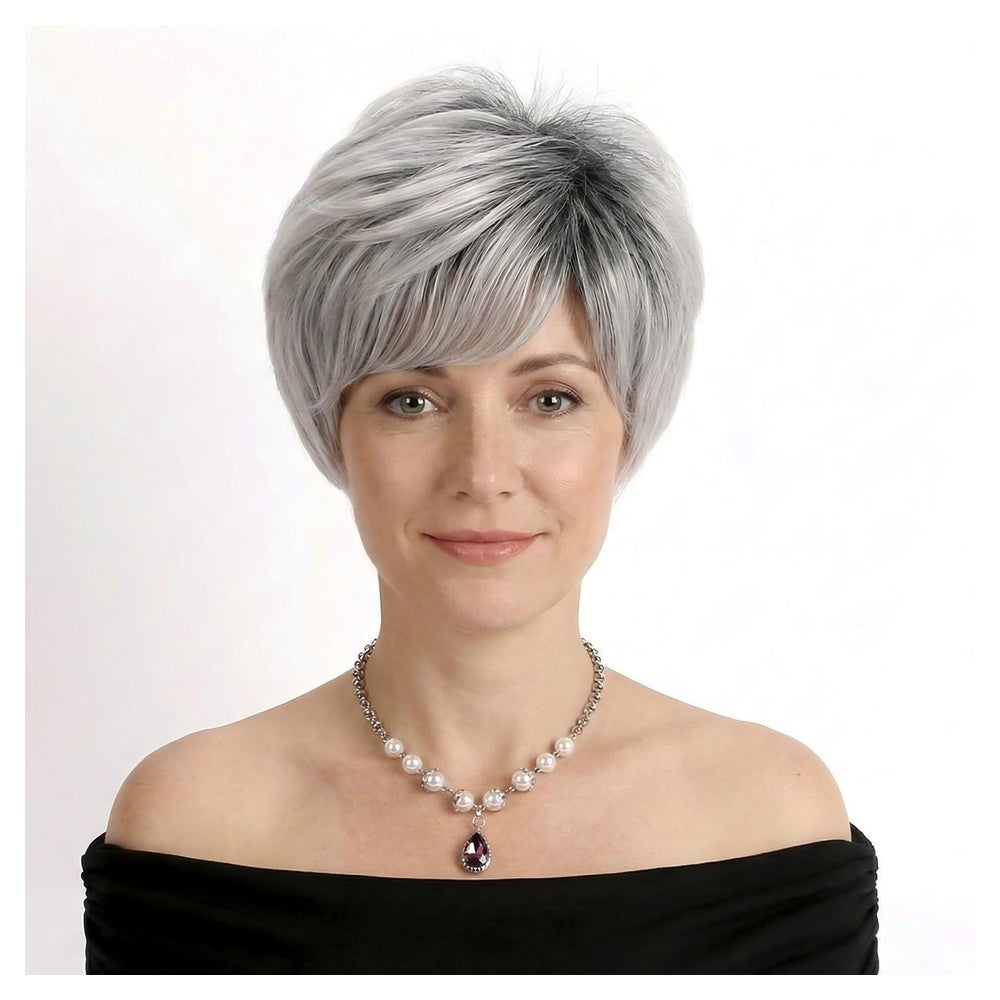 Perücken Pixie Schnitt Pony Frauen Synthetik Grau 1 St