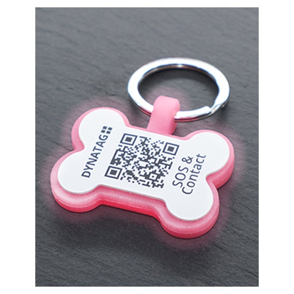Hundemarke Knochenform Silikon Glow Rosa – QR-Code Tier-ID mit Online-Profil 1 St