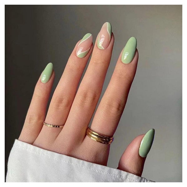 Nägel Falsche Acryl Mandel French Swirl 24pcs Avocado Grün 1 St