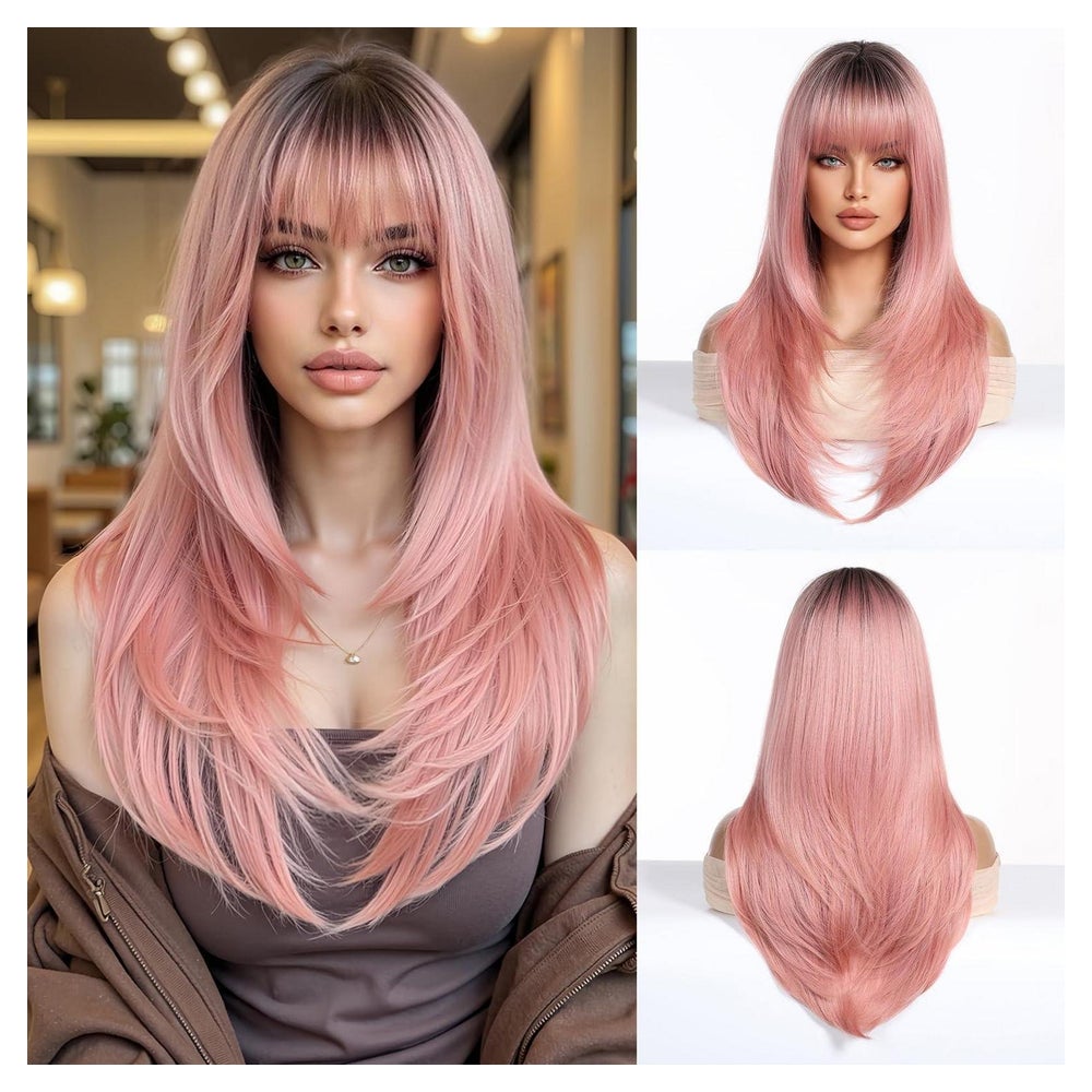 Perücke Synthetikhaar Damen Lang Glatt Pink Dunkelansatz Bla 1 St