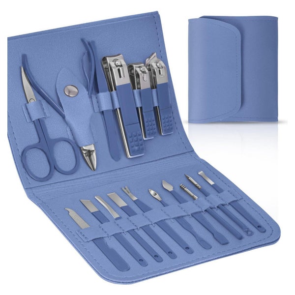 LOPHE 16-teiliges Maniküre & Pediküre Set mit Ledertasche, Blau