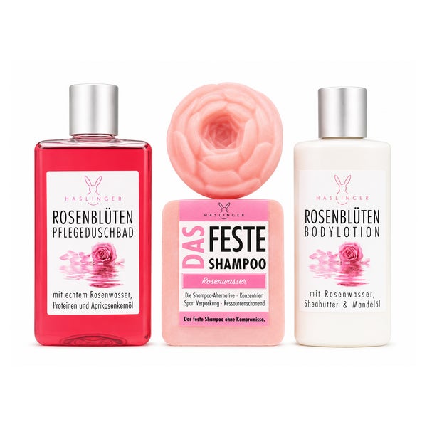 Haslinger Geschenkset Rosenblüten – Duschbad, Bodylotion, Seife & festes Shampoo 470 ml